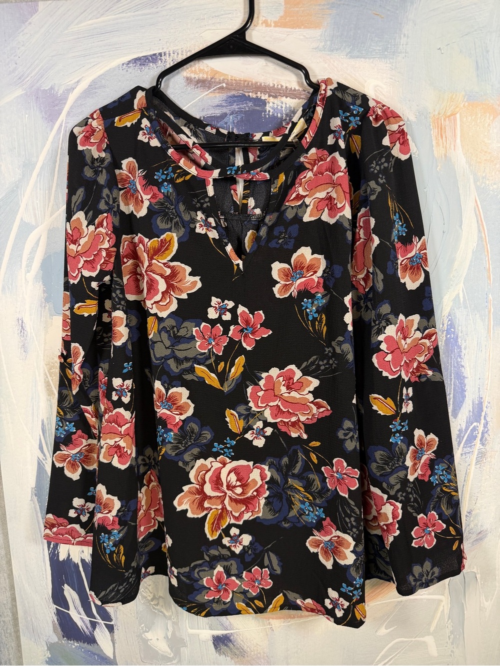 Andrea by UNIT Floral Blouse M Black Pink Blue Long Sleeve V Neck Boho